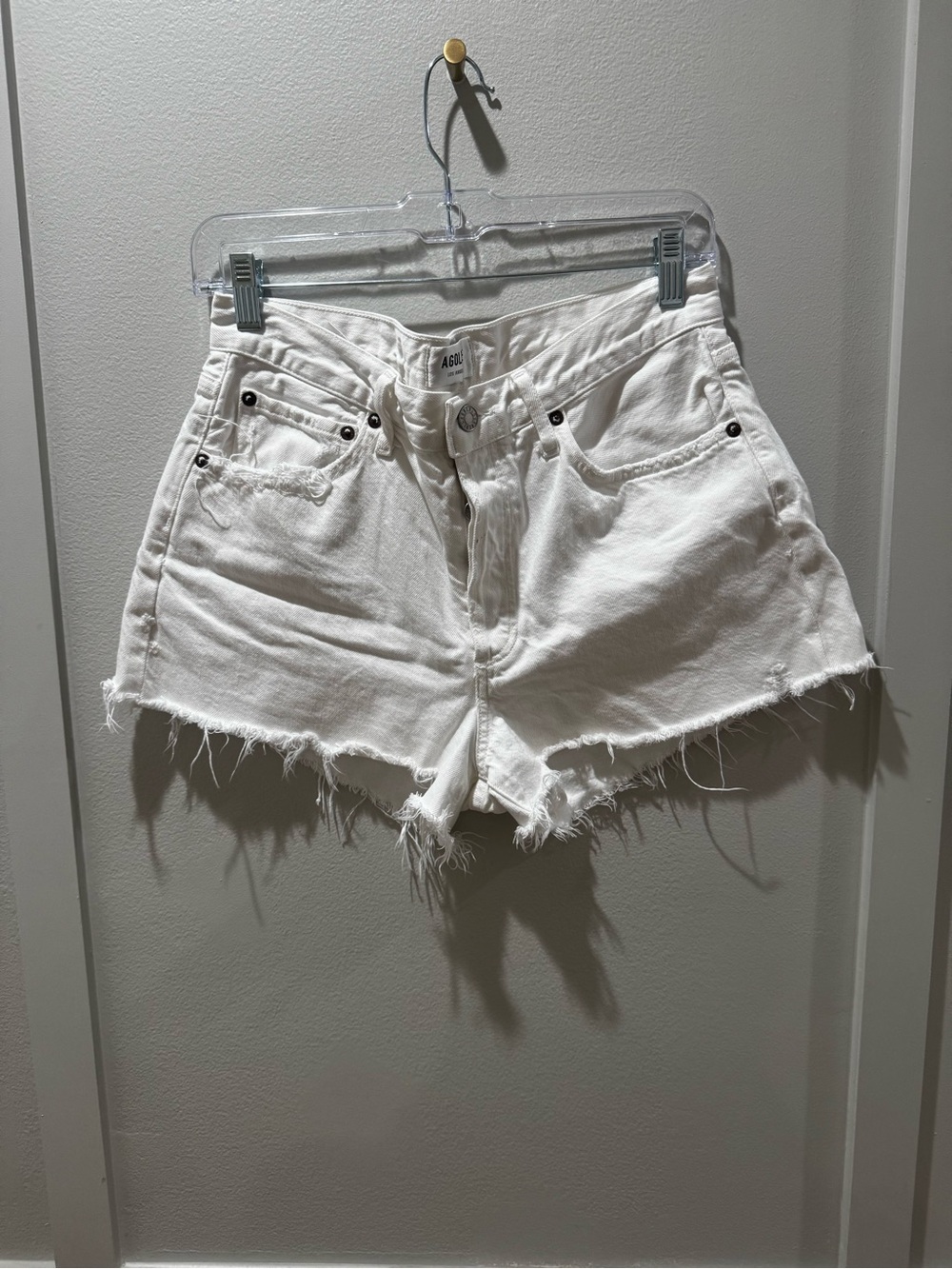 AGOLDE White High-Rise Frayed Hem Denim Shorts